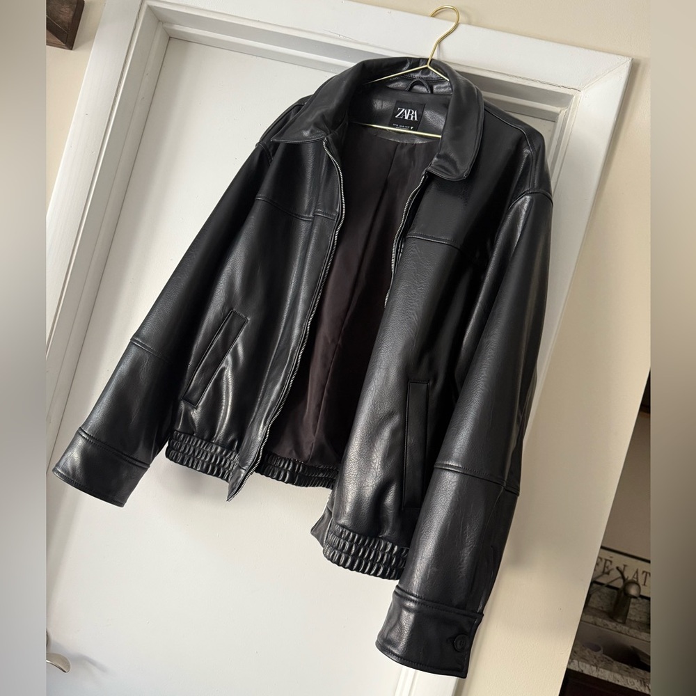 Zara Black Faux Leather Bomber Jacket